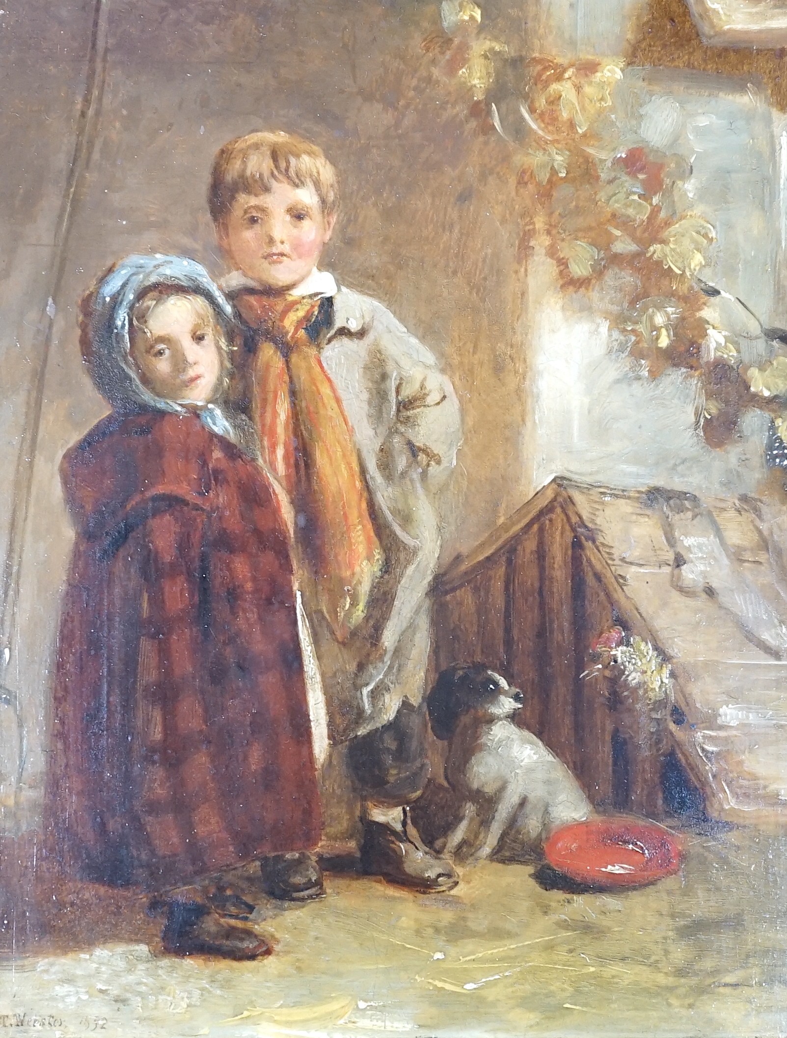Thomas Webster (1800-1886), oil on wooden panel, Children standing beside a kennel, signed and dated 1852, Cider House Galleries label verso, 25 x 19cm